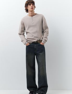 Jeans Gamba Larga Con Vita A Contrasto