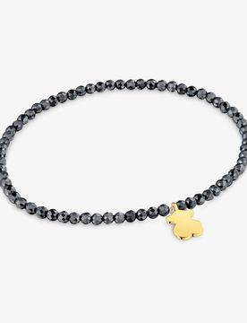 Pulsera Elástica Con Hematita Y Oso Con Baño De Oro 18 Kt Sobre Plata Motivos