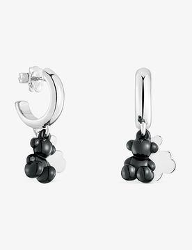 Pendientes Aro De Plata Con Cerámica Negra Y Doble Oso Bold Bear