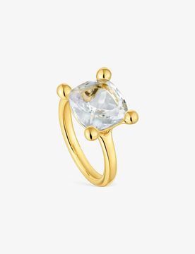 Anillo Mediano Con Baño De Oro 18 Kt Sobre Plata Y Cuarzo Cristal De Roca Color White Talla 18