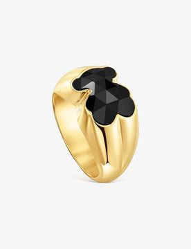 Anillo Mediano Con Baño De Oro 18 Kt Sobre Plata Y Motivo Oso En Ónix Icon Color Talla 11