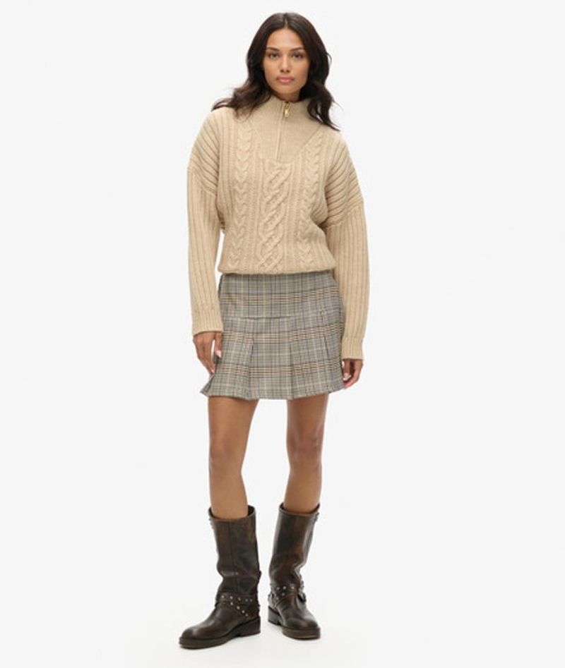 Superdry Damen Vintage Tweed-minirock mit Falten Beige - Größe: 38