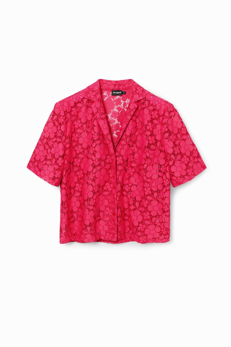 Camisa corta resort encaje, Poliester, Rojo, XS
