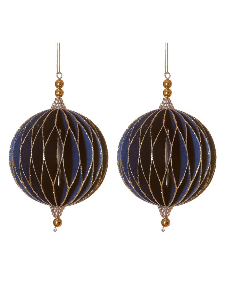 Glitzer Origami-Christbaumkugeln 2 Stück blau-goldfarben 13 cm