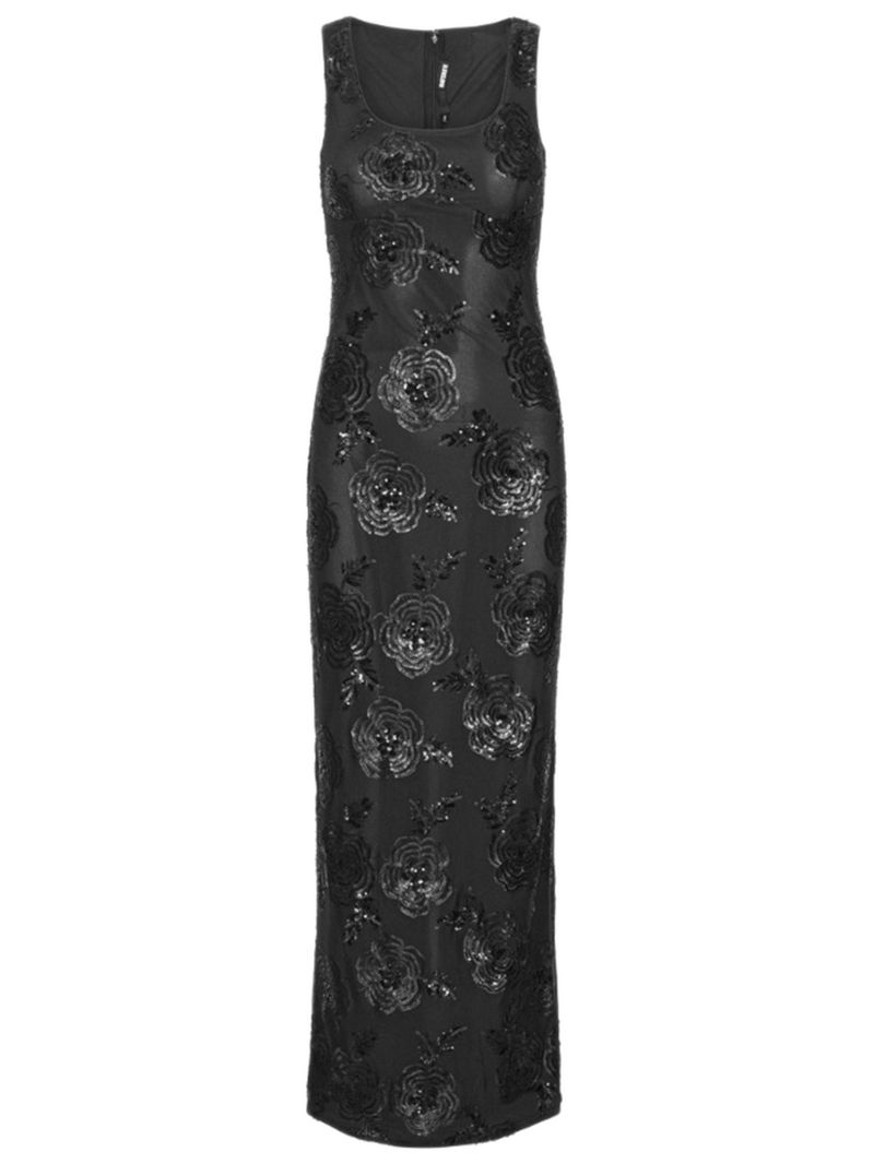 Long Fitted Sequined Floral Dress with Back Slit - Size 34
