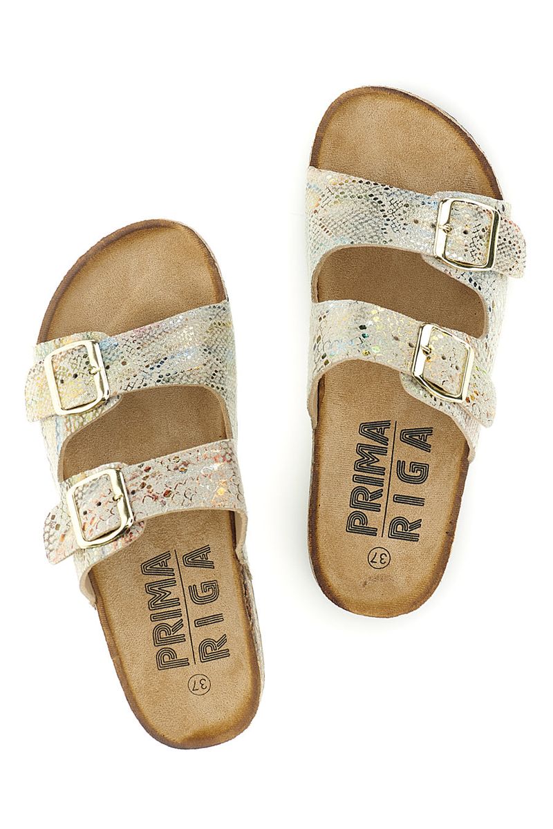 Ciabatte Beige con trama multicolore pitonata e doppia fibbia 14601 37