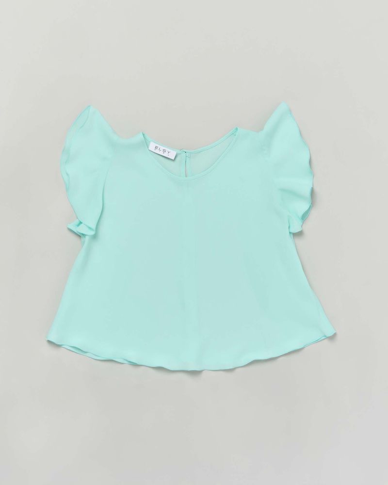 T-shirt verde acqua in crêpe a maniche corte con volant