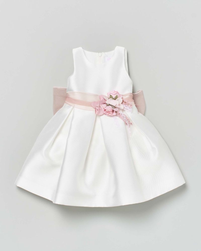Abito avorio mikado con fascia fiori e e maxi fiocco rosa