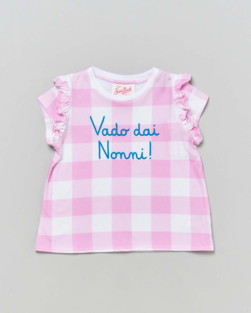 T-shirt vichy rosa e bianca in cotone a maniche corte con scritta 'Vado dai nonni!'