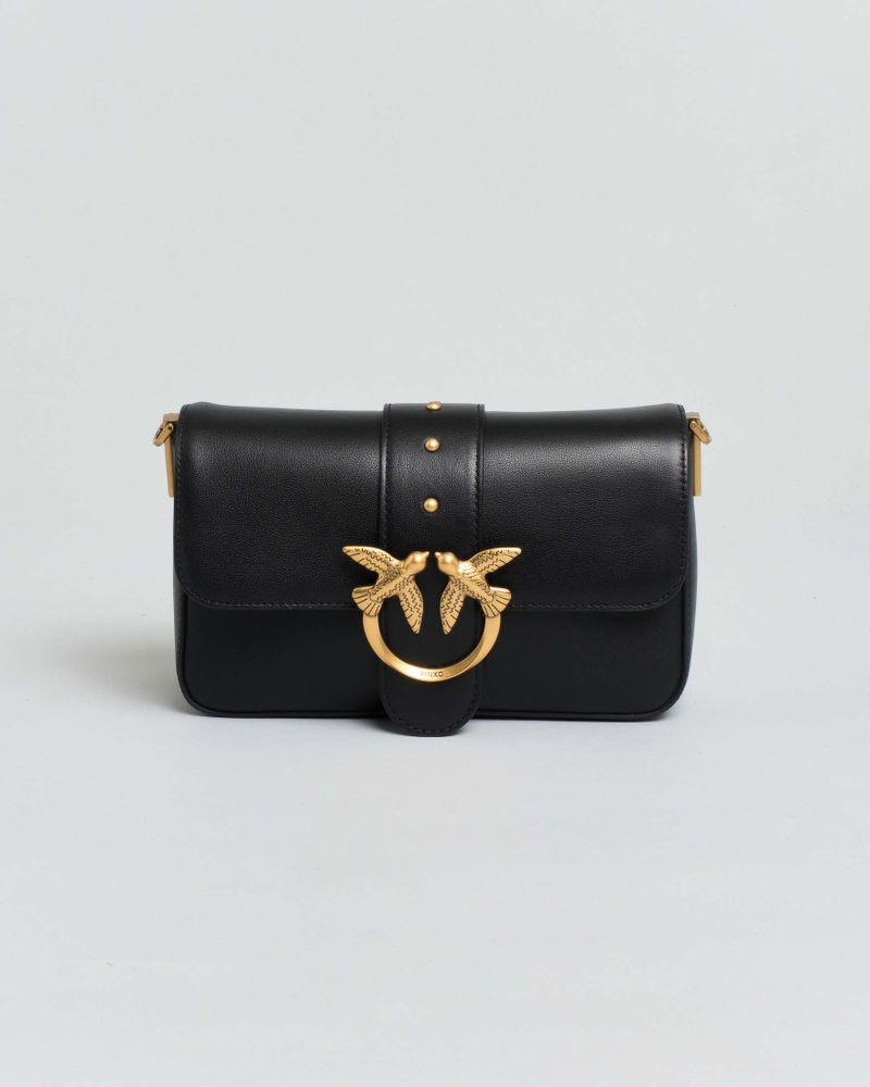 Borsa a spalla piccola nera Mini Love Bag Slouchy in pelle con borchie catene e strass applicati sulla tracolla
