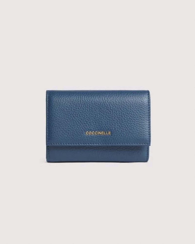Portafoglio a libro Metallic Medium blu in pelle martellata con portamonete chiuso a zip