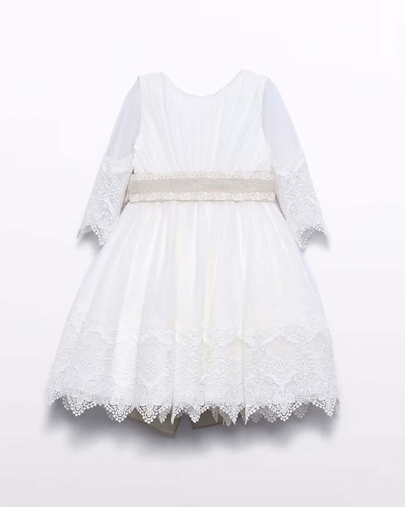 Abito corto avorio a maniche lunghe in pizzo e tulle con gonna ampia e fascia oro