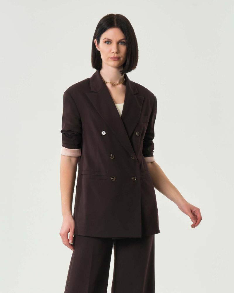 Blazer oversize marrone doppiopetto in misto viscosa con rever a lancia