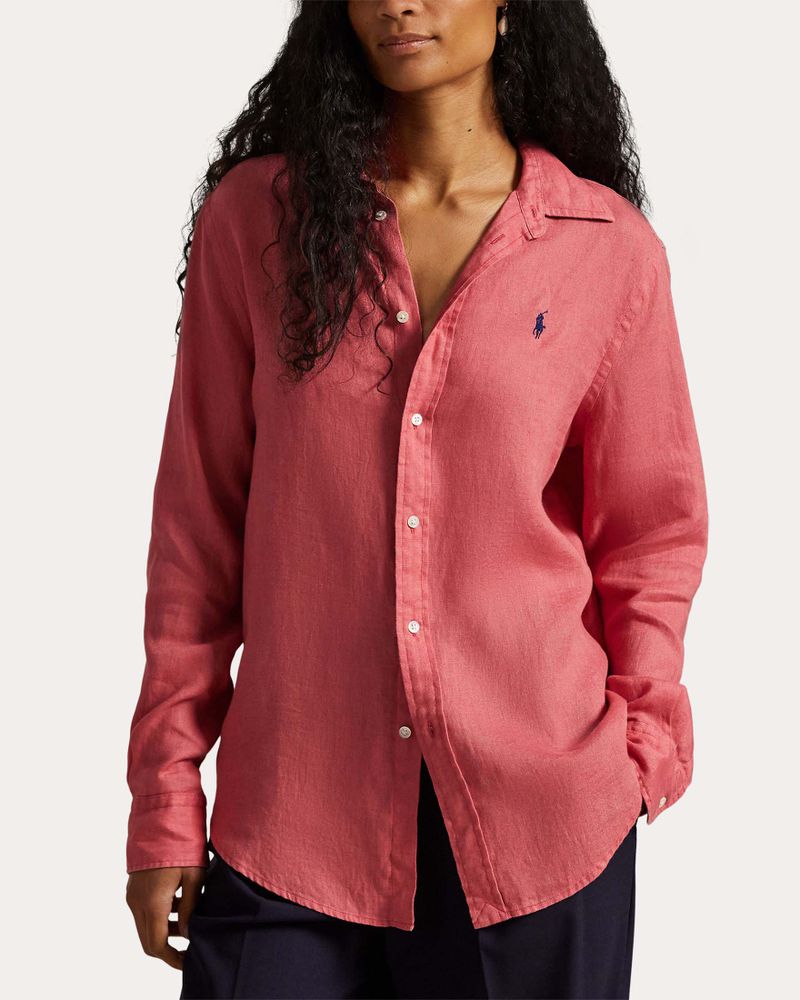 Camicia color corallo Polo in puro lino con logo Pony