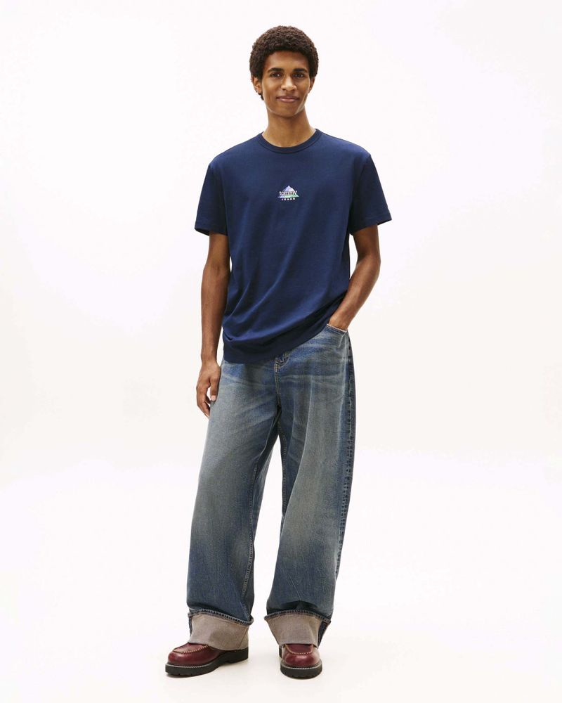 T-shirt mezza manica blu in cotone con logo montagna ricamato