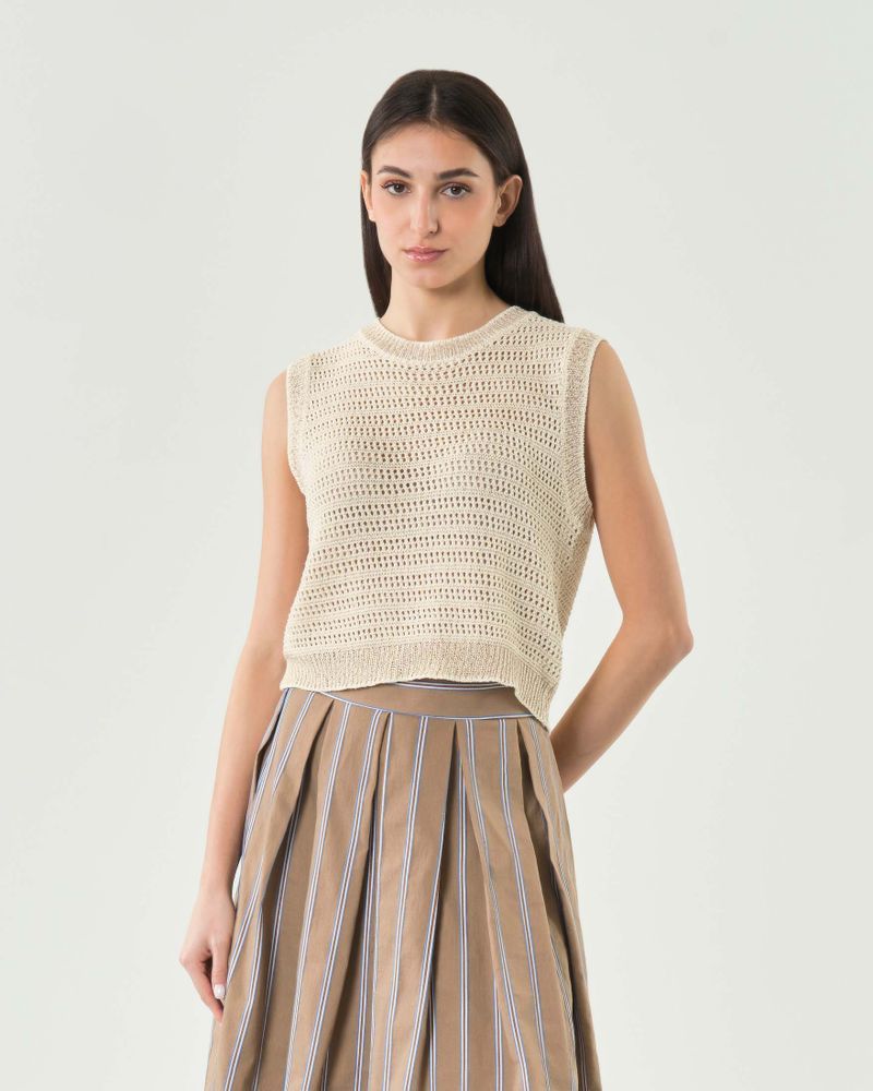 Gilet traforato melange beige e écru in misto cotone con bordi a costine