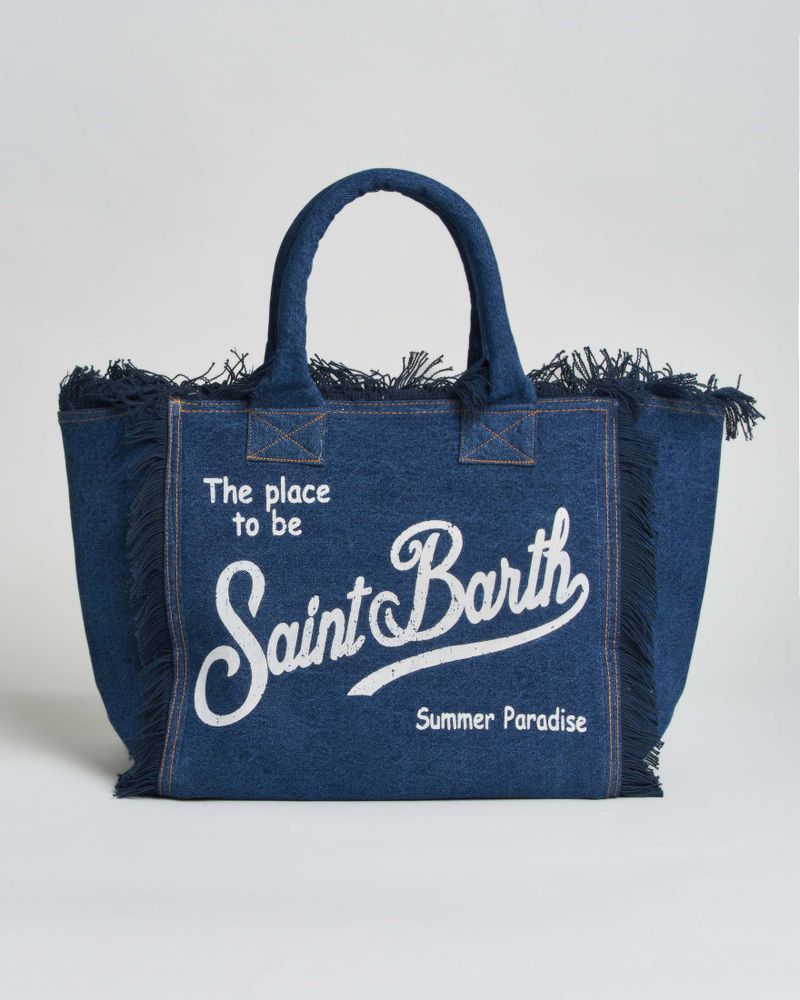 Borsa Vanity in denim scuro di cotone con scritta logo stampata e orli sfrangiati