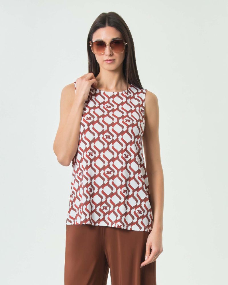 Top senza maniche bianco in viscosa stretch con stampa all over color coccio