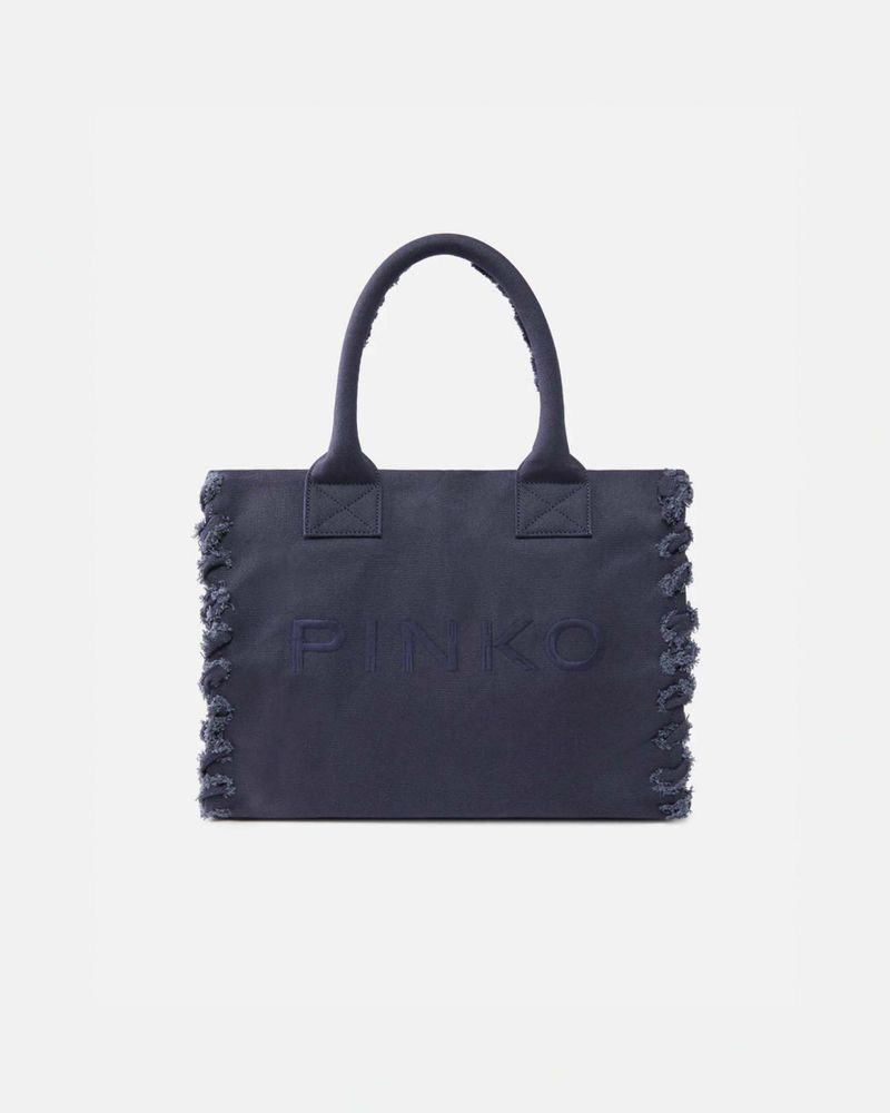 Shopper bag media Beach color viola in canvas di cotone con lati sfrangiati