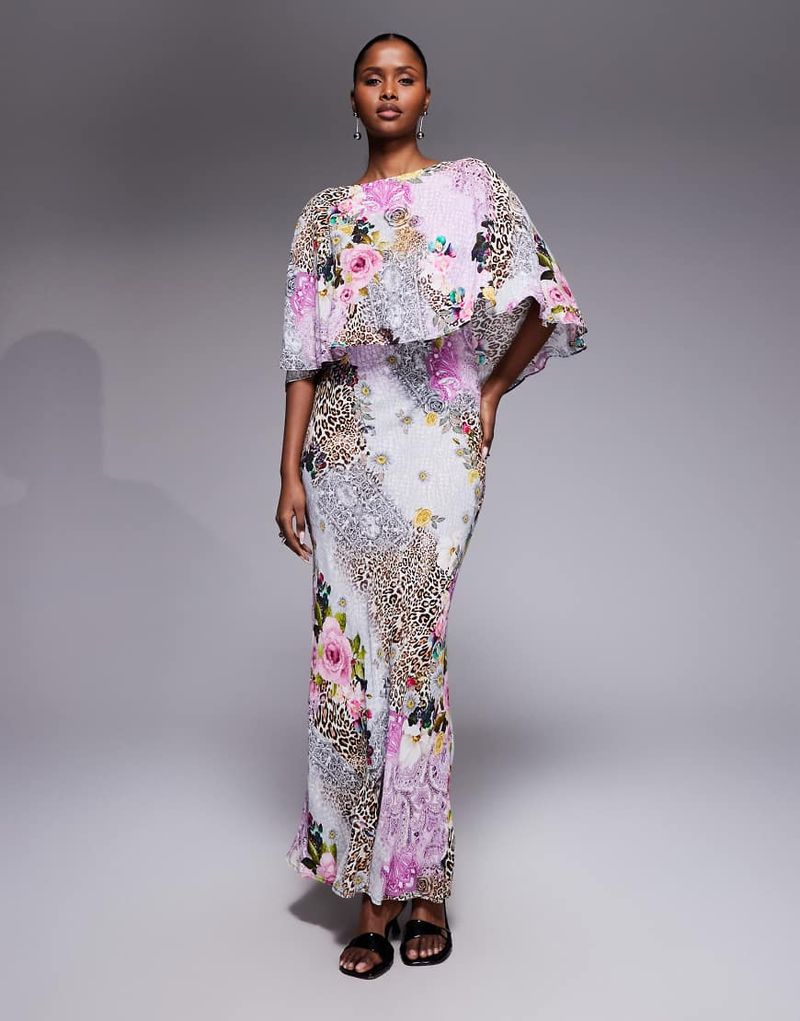 Izel - Maxikleid mit floralem Patchwork-Design und Cape-Detail-Bunt Bunt L