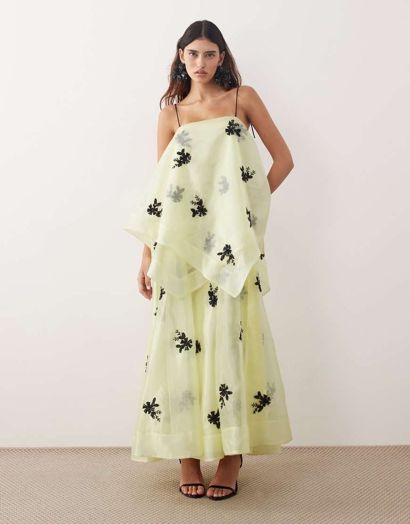 Robe trapèze longue en organza à fleurs ornementées - Jaune 38