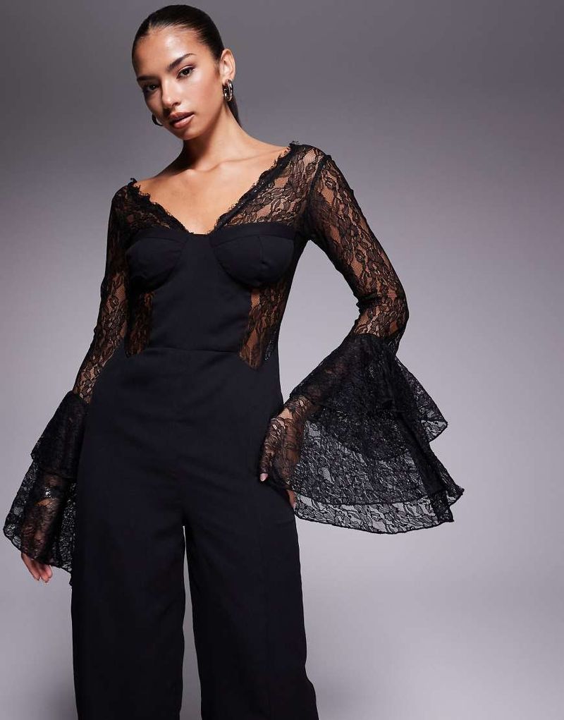 Combinaison style corset avec manches volantées en dentelle - Noir 36