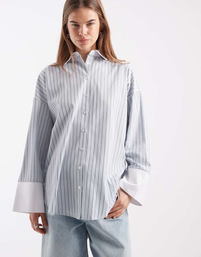 Chemise d'ensemble oversize à rayures et poignets contrastants - Bleu-Multicolore M