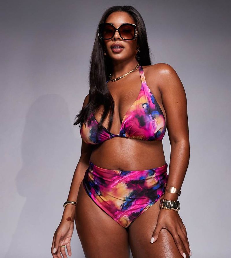 ASOS DESIGN Curve - Arina - Bas de bikini échancré à taille haute et imprimé abstrait - Rose-Multicolore 44