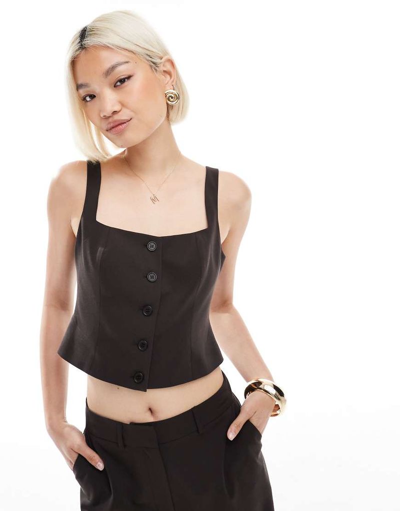 Gilet de tailleur d'ensemble ajusté à encolure carrée - Chocolat-Marron 36