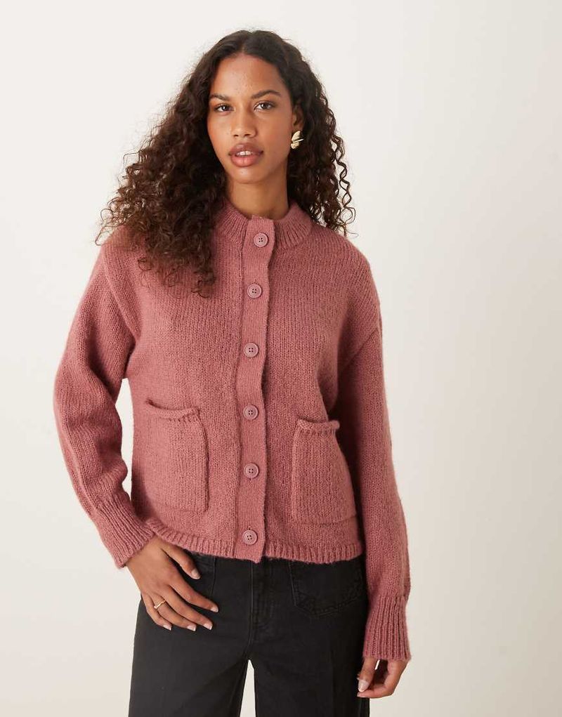Kastige OVersize-Strickjacke in Staubrosa mit Taschen Rosa S