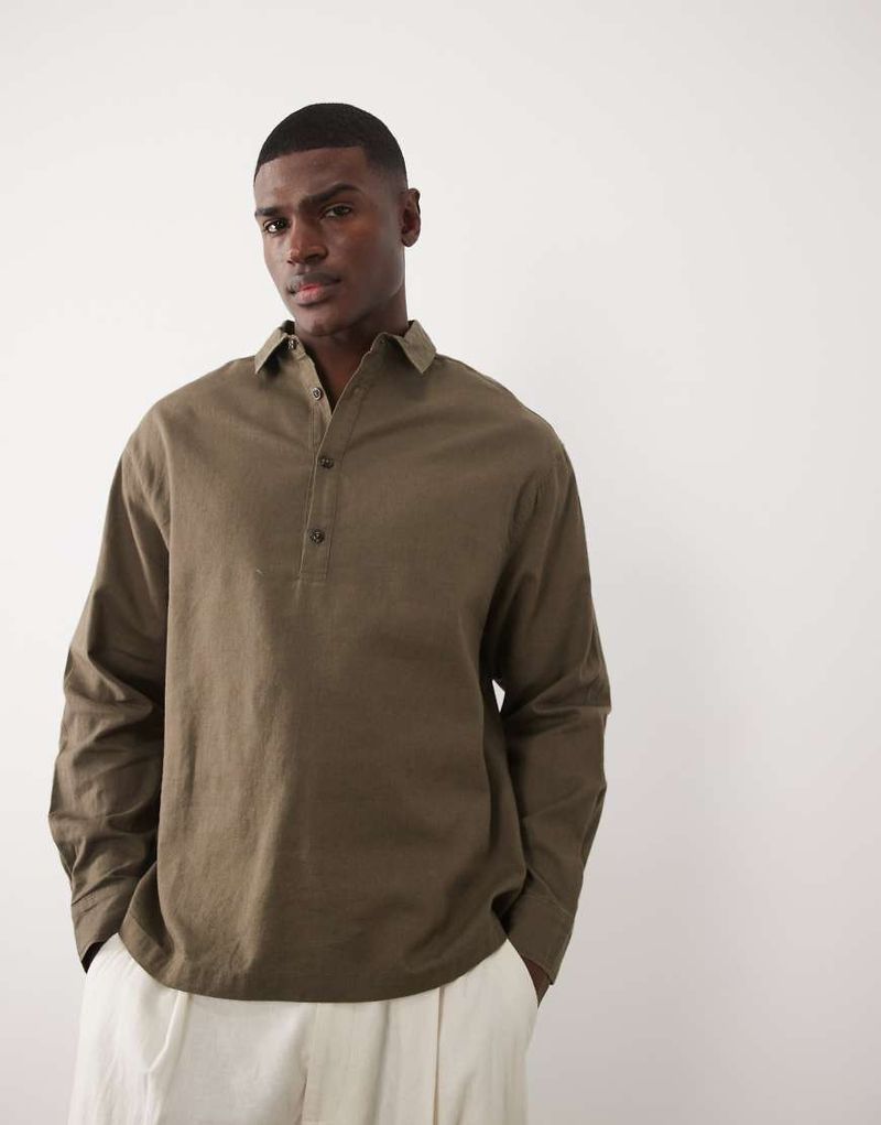 Oversize-Schlupfhemd aus Leinenmix in Khaki-Grün Grün XS
