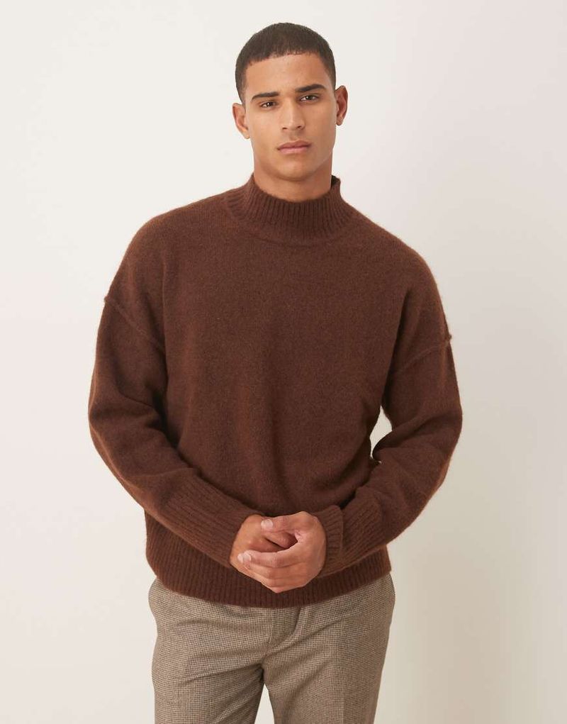 Oversize-Strickpullover aus Wollmix in Braun mit Stehkragen-Grau Grau M