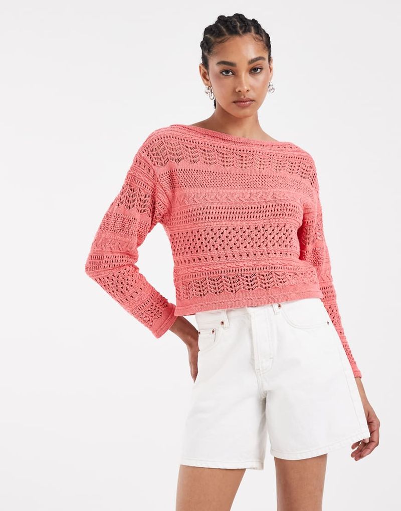 Pull en maille au crochet à encolure bateau - Corail-Orange M