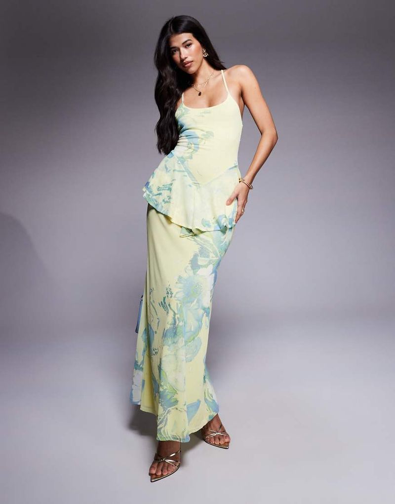 Robe caraco longue en tulle avec détail à basque - Imprimé fleurs-Multicolore S