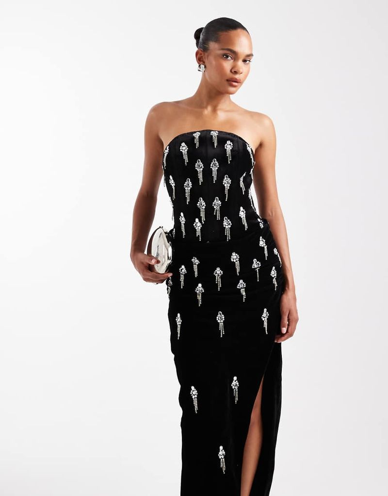 Robe corset longue et ornementée en velours avec jupe drapée effet superposé - Noir 36