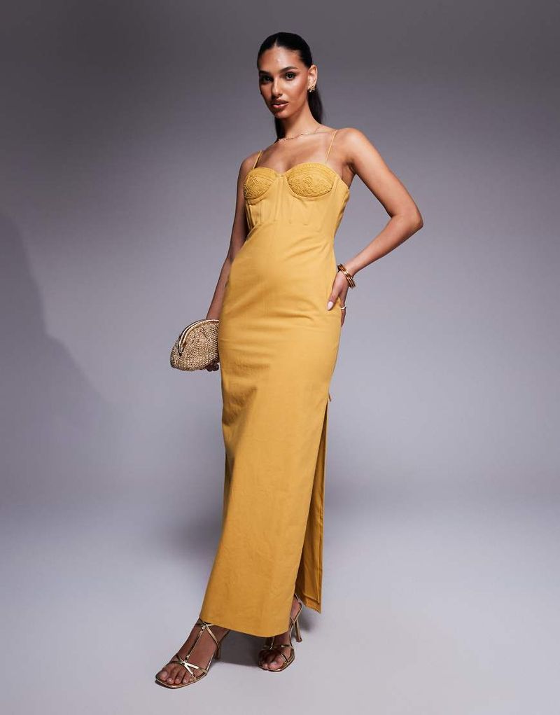 Robe corset mi-longue en sergé de coton avec corsage froncé - Moutarde-Jaune 38