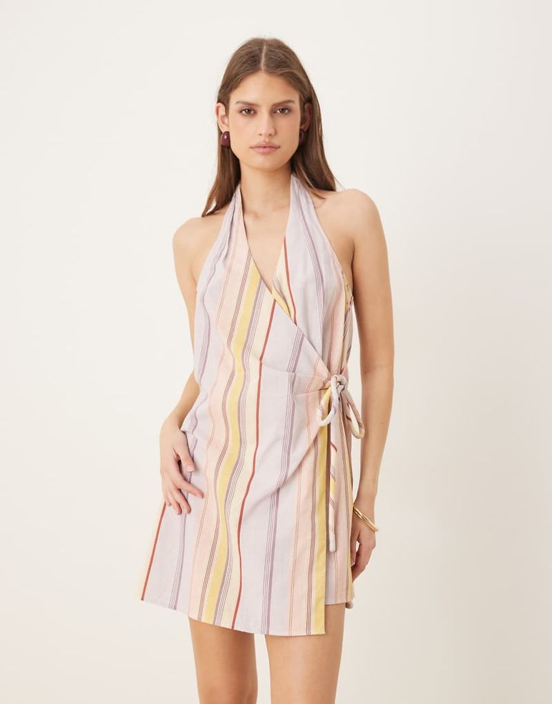 Robe d'été courte cache-caur dos nu en coton et lin à rayures mélangées - Pastel-Multicolore 44
