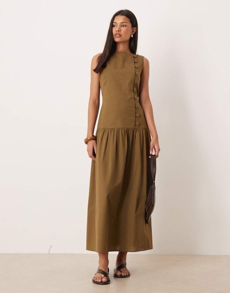 Robe d'été longue asymétrique style gilet de tailleur à encolure bateau et taille basse - Olive-Vert 46