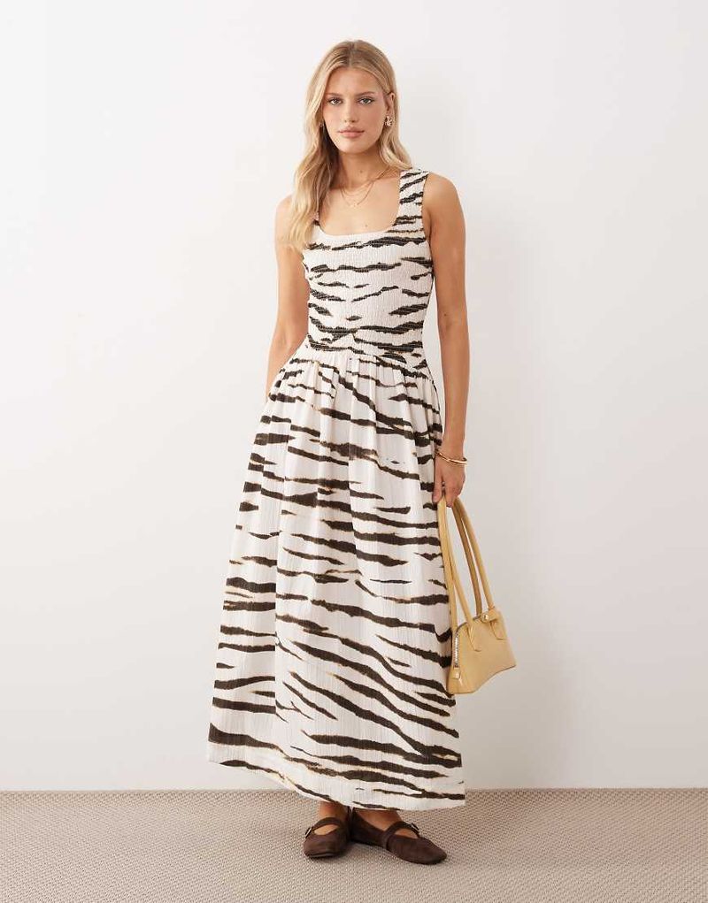 Robe d'été longue froissée à encolure dégagée et taille froncée - Imprimé animal-Multicolore 34