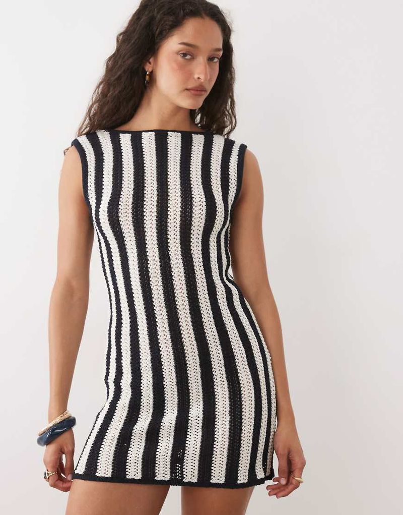 Robe droite en coton mélangé et maille au crochet à rayures - Noir et blanc-multicolore S