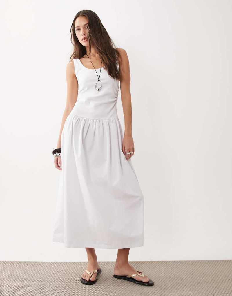 Robe longue 2-en-1 à taille basse et encolure dégagée avec jupe en popeline - Blanc M