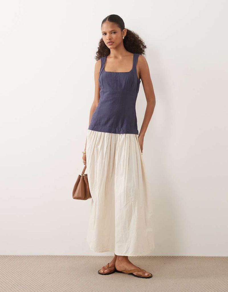 Robe longue 2-en-1 avec buste contrastant - Bleu marine et blanc-multicolore 36