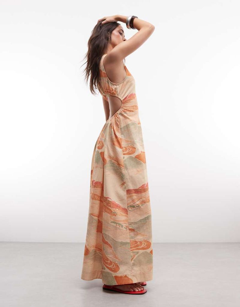 Robe longue cintrée à la taille en coton et lin à imprimé coucher de soleil-multicolore 42