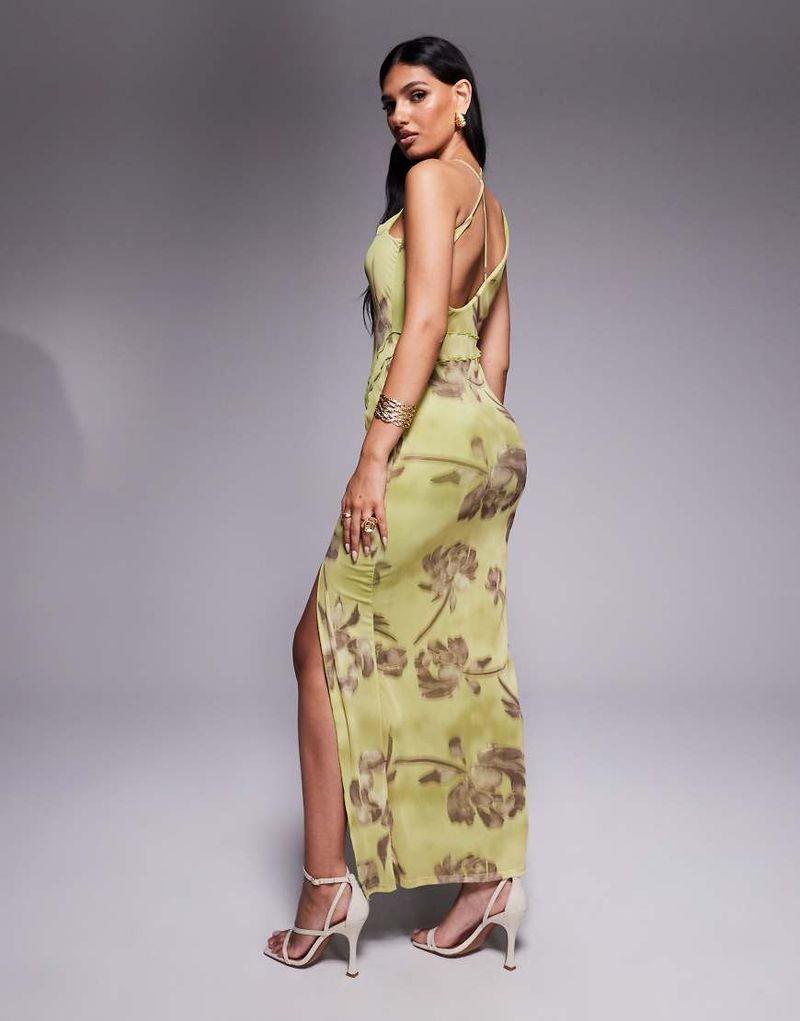 Robe longue à imprimé fleuri et coutures apparentes avec encolure effet croisé-Multicolore 46