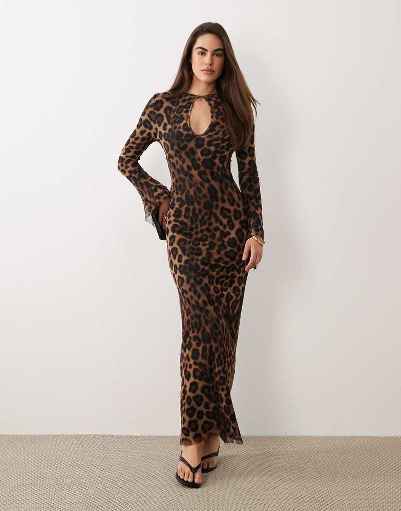 Robe longue et asymétrique en tulle imprimé léopard avec manches ange-Multicolore XS