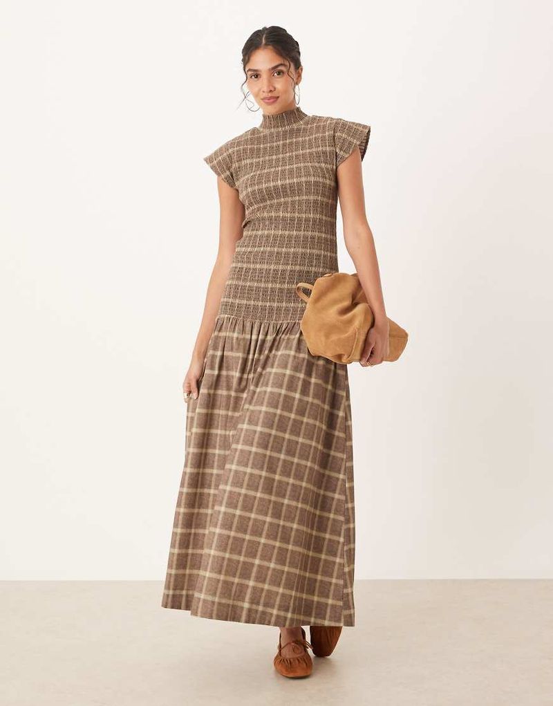 Robe longue froncée à carreaux avec col montant et taille basse-Multicolore 44