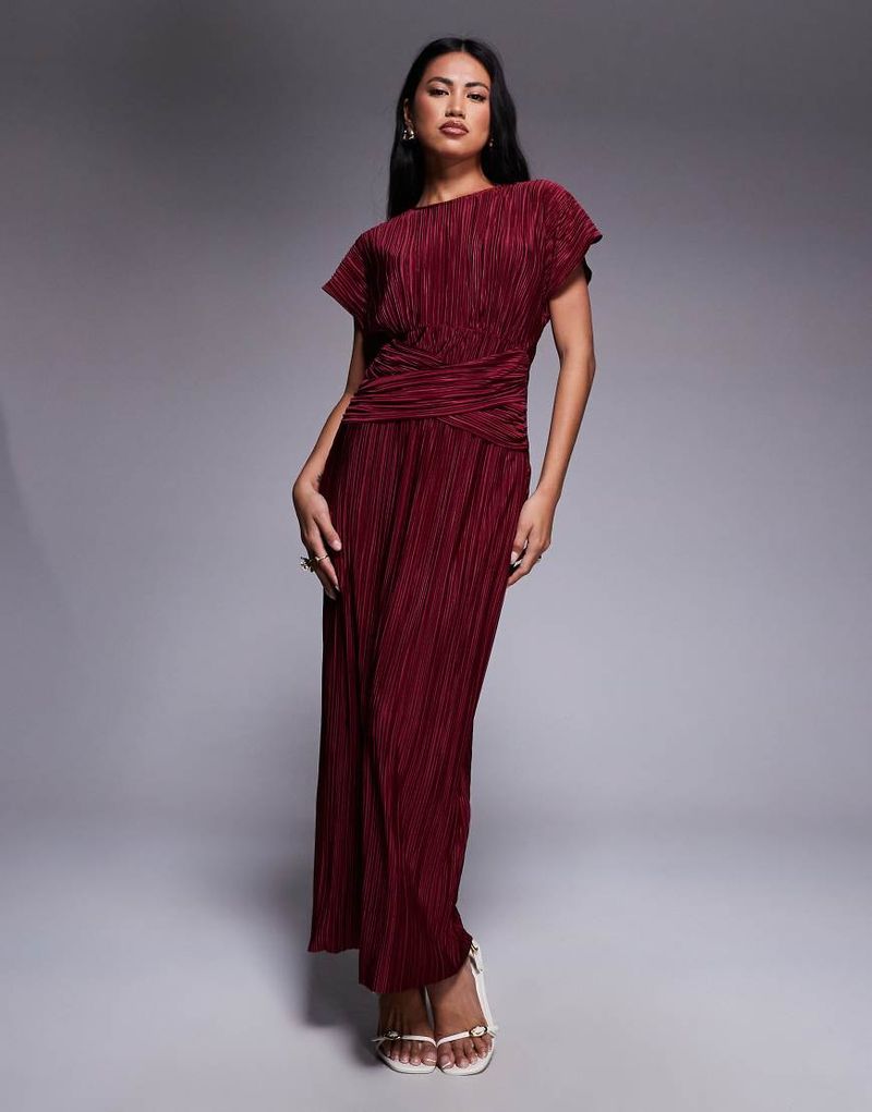 Robe longue plissée sans manches avec devant torsadé - Lie-de-vin-Rouge 32