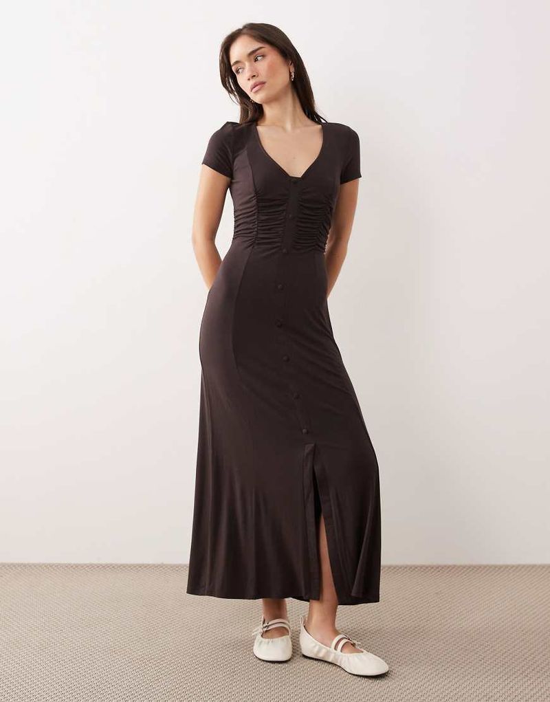 Robe rétro boutonnée à taille froncée - Chocolat-Brown 42