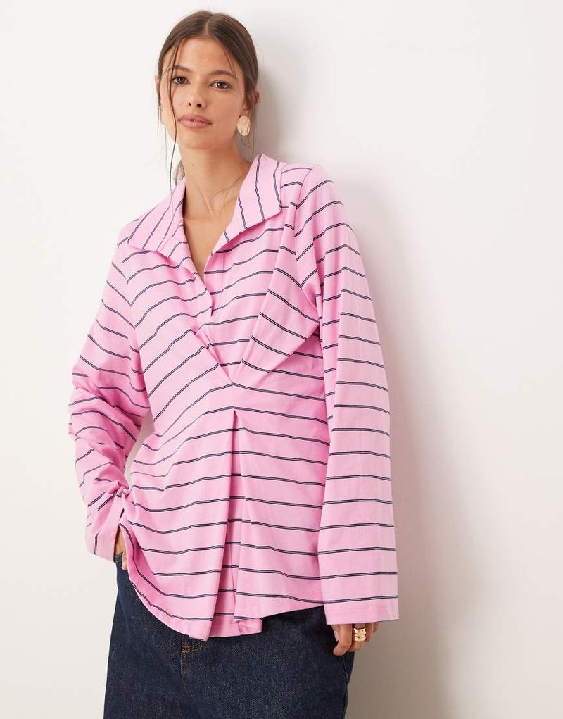 Top style rugby à plis et rayures - Rose et bleu marine-Multicolore XS