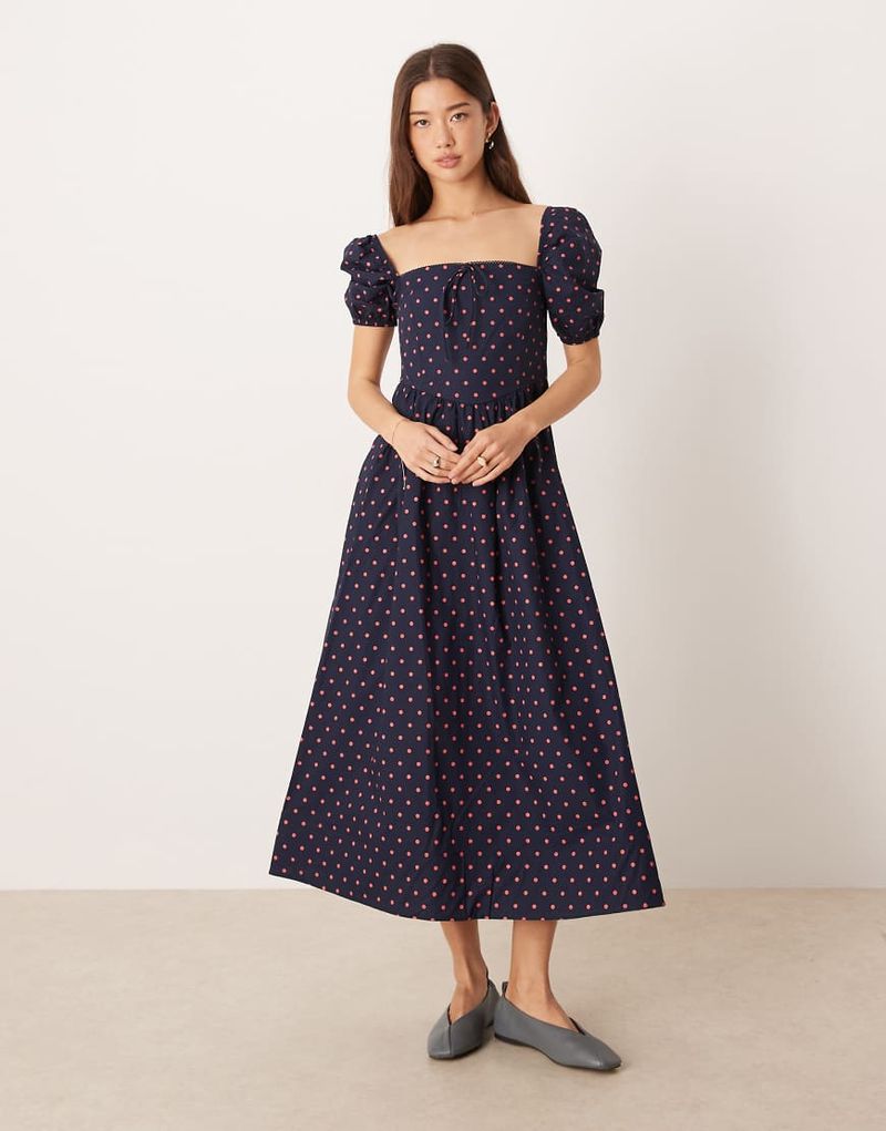 Robe longueur mollet à pois à manches bouffantes et encolure carrée - Bleu marine et rose-Multicolore 36